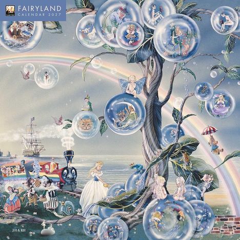 "FAIRYLAND CALENDAR 2027" steht in der Ecke. Märchenhafte Figuren in Seifenblasen um einen magischen Baum, Regenbogen im Hintergrund.