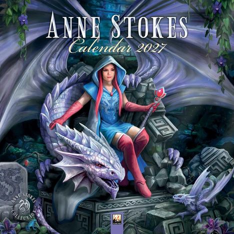 "Anne Stokes Calendar 2027." Eine Frau in blauer Robe mit Stab sitzt auf einem Drachen, umgeben von Steinen.