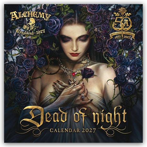 "Dead of night, Calendar 2027." Illustration: Frau mit geschlossenen Augen, umgeben von dunklen Rosen, trägt Halskette mit rotem Stein.