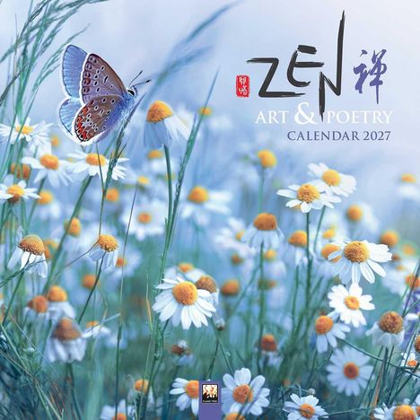 ZEN, ART & POETRY CALENDAR 2027. Schmetterling auf Gänseblümchen, sanfte Blautöne, beruhigende Naturillustration.
