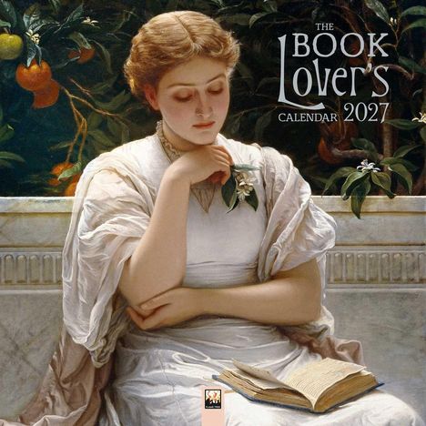 "The Book Lover's Calendar 2027". Illustration: Frau in Weiß, sitzt lesend neben Orangenbaum auf einer Bank.