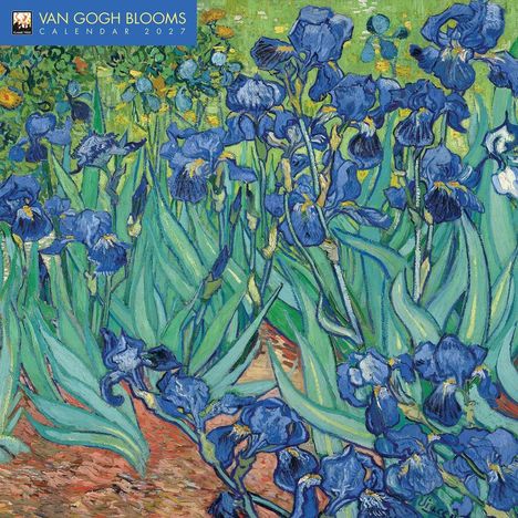"VAN GOGH BLOOMS CALENDAR 2027" steht oben links. Eine Illustration von blauen Irisblumen in einem lebhaften Garten.
