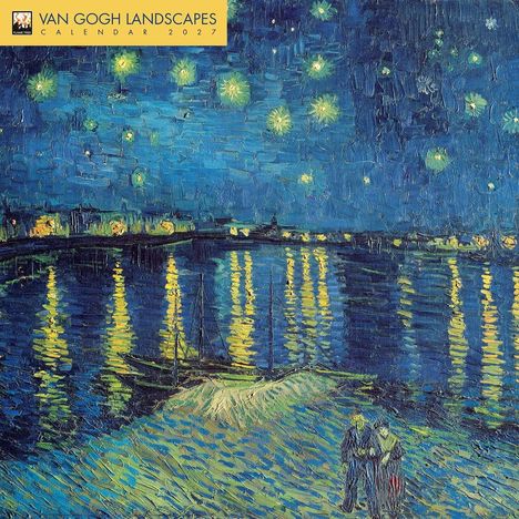 "VAN GOGH LANDSCAPES CALENDAR 2027". Eine nächtliche Flusslandschaft mit Sternenhimmel und den Lichtern einer Stadt im Wasser.