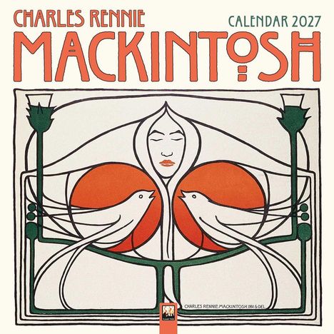 „CHARLES RENNIE MACKINTOSH CALENDAR 2027“. Illustration zweier Vögel mit Blüten und einem Gesicht in der Mitte.