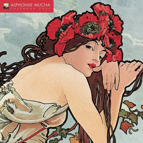"ALPHONSE MUCHA CALENDAR 2024" oben links. Illustration einer Frau mit Blumenkranz im Haar, in sanften Farbtönen.