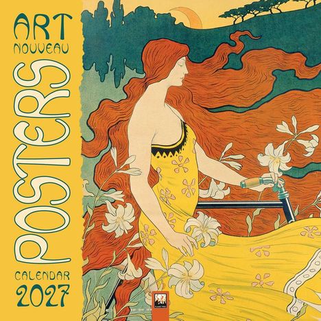 Text: "Art Nouveau Posters Calendar 2027." Illustration einer Frau mit rotem Haar in einem gelben Kleid mit Blumen.