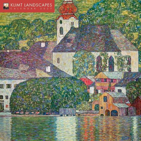 Text: "KLIMT LANDSCAPES CALENDAR 2027". Eine impressionistische Landschaft mit Bäumen, einem Gebäude und einem See.