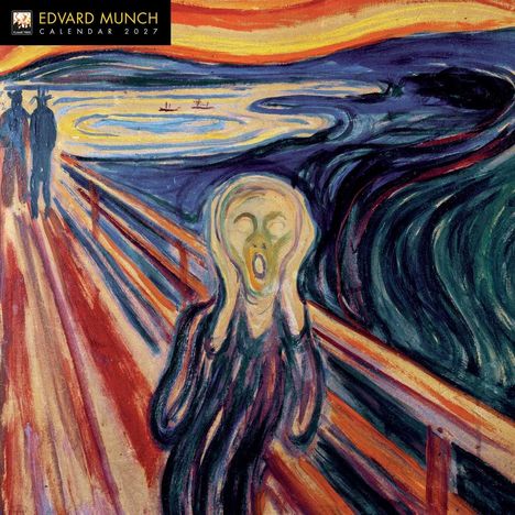Text: "EDVARD MUNCH CALENDAR 2027". 

Illustration von "Der Schrei", zeigt eine schreiende Figur auf einer Brücke vor wirbelndem Himmel.