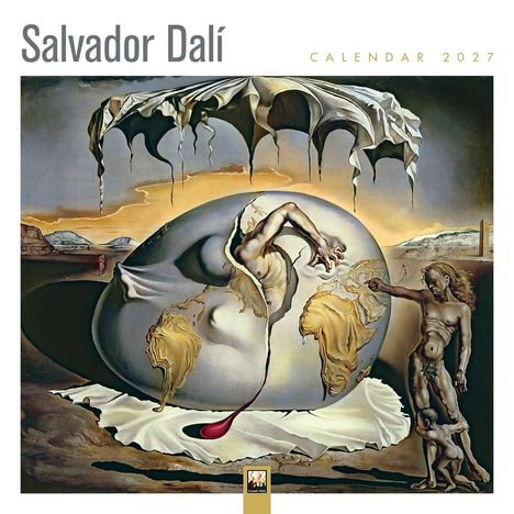 „Salvador Dalí, Calendar 2027“. Surrealistisches Gemälde mit einer schlüpfenden Figur aus einem Ei.