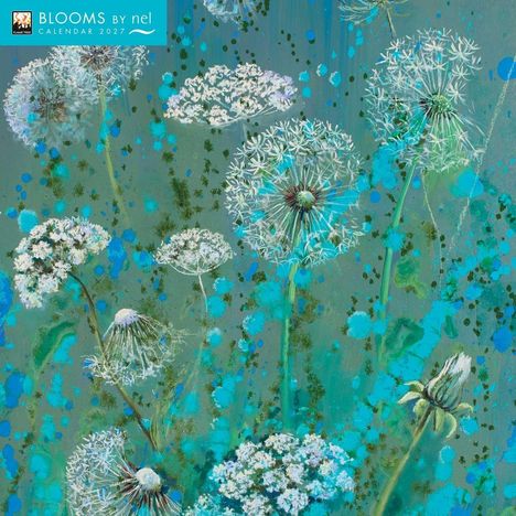 Text: "BLOOMS BY nel CALENDAR 2027". Illustration von Pusteblumen und blauen Tupfern auf grünem Hintergrund.
