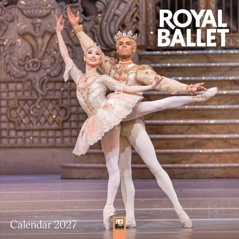 "ROYAL BALLET”, “Calendar 2027”. Zwei Balletttänzer in prächtigen Kostümen auf einer Bühne, umgeben von opulenter Dekoration.