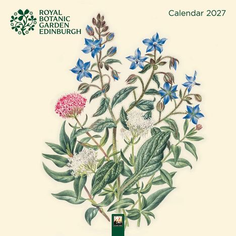 "ROYAL BOTANIC GARDEN EDINBURGH", "Calendar 2027". Illustration von blauen und weißen Blumen.