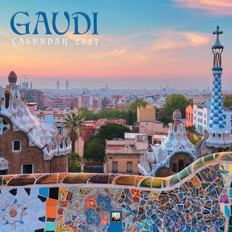 "GAUDI Calendar 2027" in blauer Schrift oben. Stadtansicht von Barcelona mit bunten Mosaiken im Vordergrund.