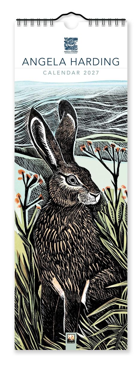 "Angela Harding Calendar 2027". Illustration: Ein Hase in hohem Gras, umgeben von Pflanzen, stilisiert und farbenfroh.