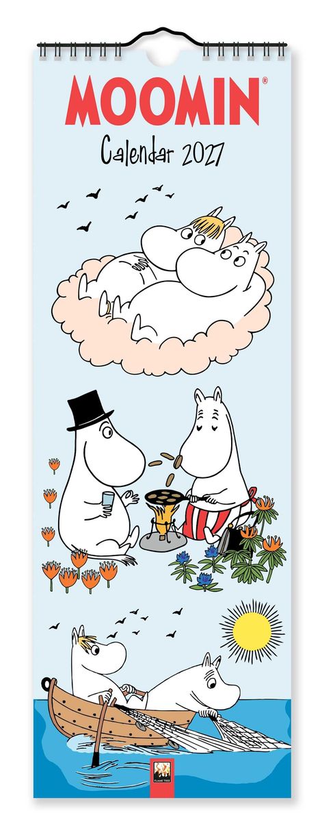 "Moomin Calendar 2027" in roten und schwarzen Buchstaben. Comicfiguren entspannen auf Wolken, beim Picknick und im Boot.