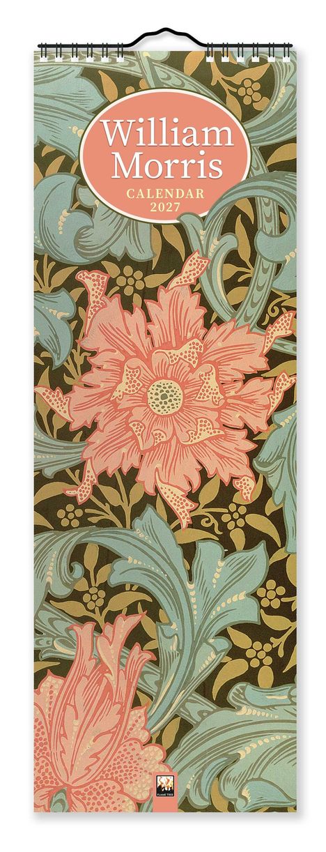 „William Morris Calendar 2027“. Eine Illustration mit floralen Mustern in Rosa, Blau und Grün auf dunklem Hintergrund.