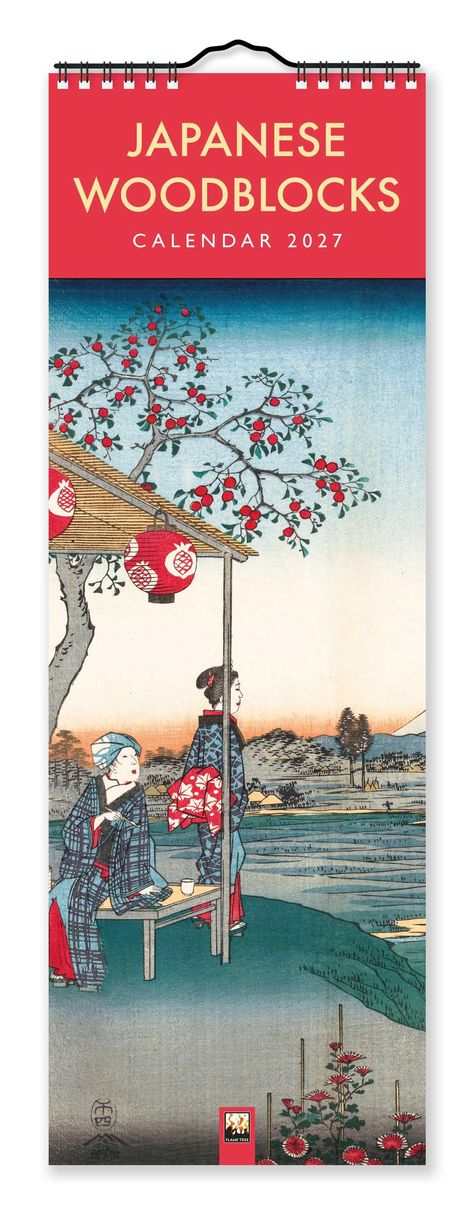 Text: "JAPANESE WOODBLOCKS CALENDAR 2027" 
Illustration: Zwei Frauen in Kimonos sitzen unter einem Baum mit roten Laternen und Obst, im Hintergrund Landschaft.