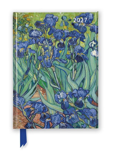 Der Text "2027" steht oben rechts. Eine Illustration von blauen Irisblumen in einem grünen Garten.