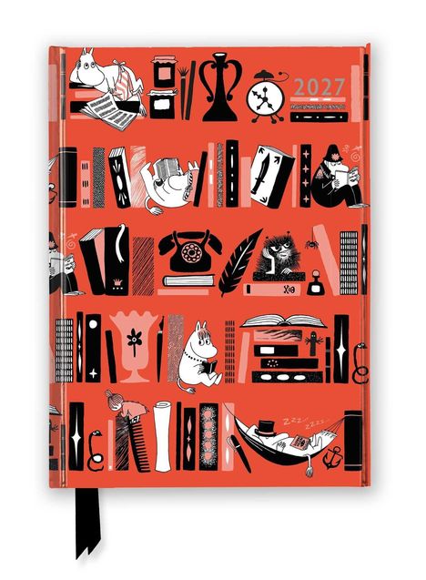 "2027" oben rechts, Illustration auf rotem Hintergrund, Bücherregale, Telefon, Figuren lesen, schlafen oder entspannen.