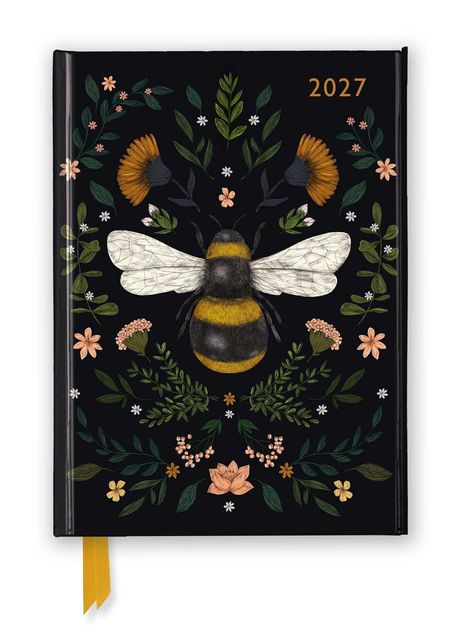 „2027“ oben rechts. Eine Illustration mit Hummel in der Mitte, umgeben von Blumen und Blättern auf schwarzem Hintergrund.