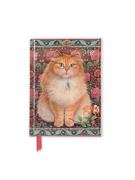 Text „2027“. Gemälde einer flauschigen, orangefarbenen Katze vor einem blumigen, dekorativen Hintergrund.