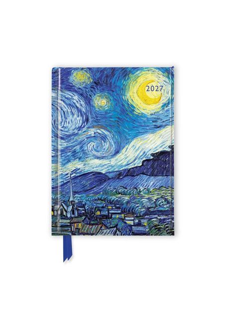 Der Text "2027" steht auf einem Cover mit einer Illustration von Van Goghs "Sternennacht", spiralförmige Sterne und Mond.
