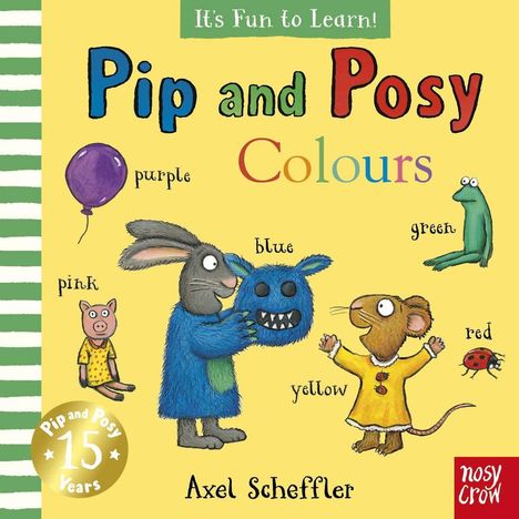 "Pip and Posy Colours" zeigt bunte Tiere und Objekte vor gelbem Hintergrund. Ein Hase, eine Maus und Farben werden dargestellt.