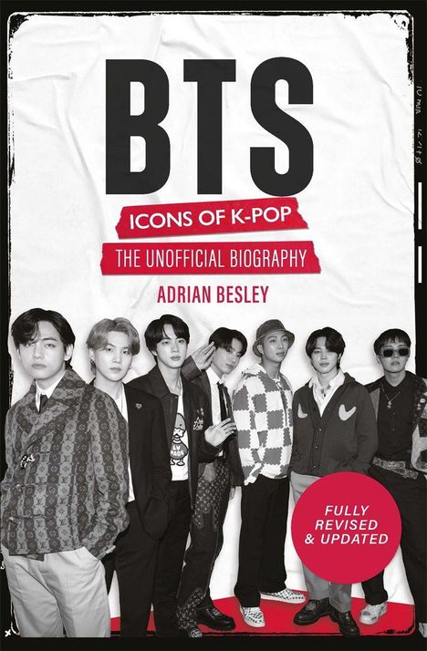 Text: "BTS Icons of K-Pop", "The Unofficial Biography", "Adrian Besley", "Fully Revised & Updated." Sieben Personen posieren.
