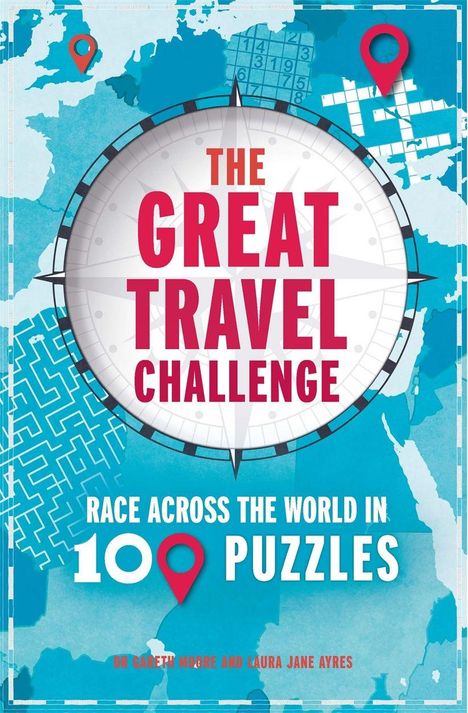"The Great Travel Challenge" in großen Buchstaben auf einem Kompass. Kartendarstellung und Puzzle-Elemente im Hintergrund.