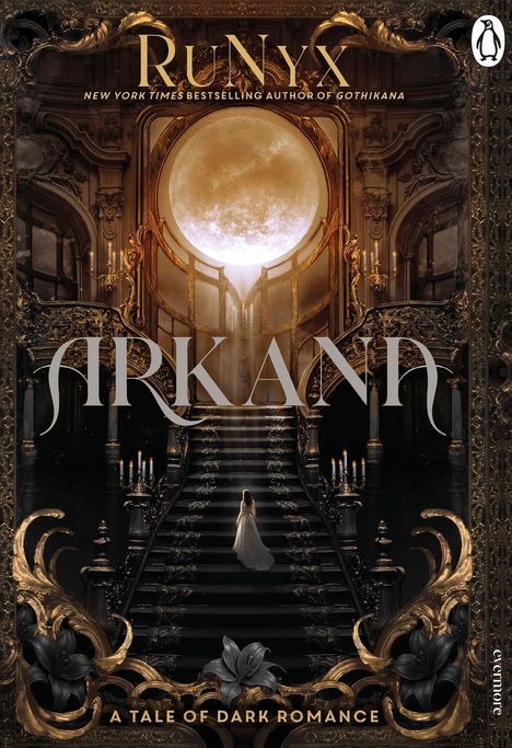 „ARKANA“, „A Tale of Dark Romance“. Eine Frau im Kleid auf einer Treppe in einem prunkvollen, dunklen Inneren.