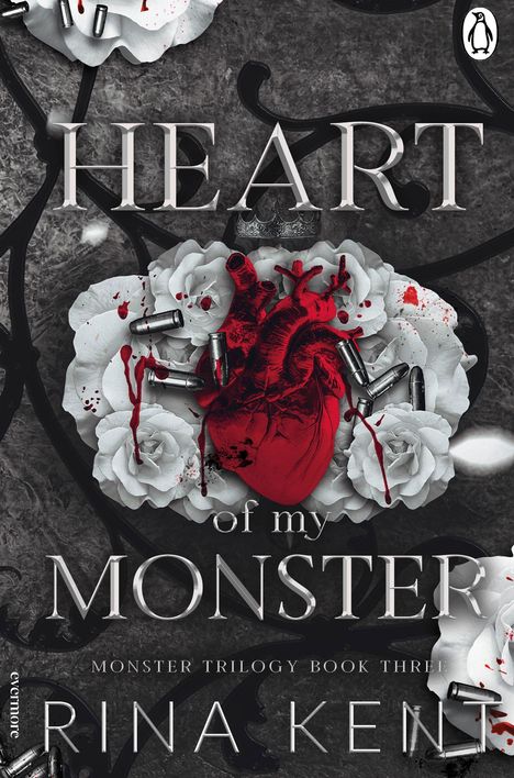 "Heart of My Monster. Monster Trilogy Book Three. Rina Kent." Ein anatomisches Herz, umgeben von weißen Rosen und Patronen.