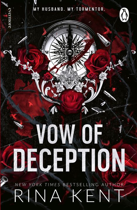 „My husband. My tormentor.“ steht oben, gefolgt von „Vow of Deception“. Rote Rosen umrahmen einen Kompass.