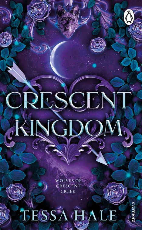 „Crescent Kingdom“, „Wolves of Crescent Creek“, „Tessa Hale“. Ein violettes Design mit Rosen, einem Wolfskopf und einem Mond.