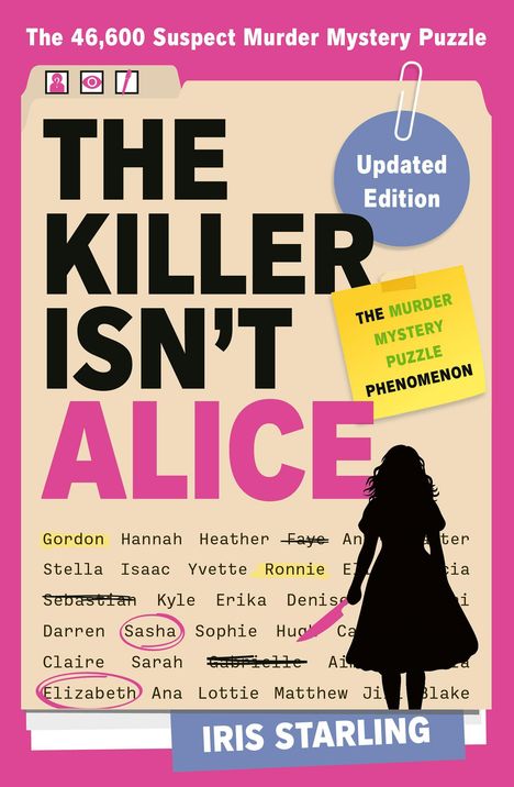 "THE KILLER ISN'T ALICE", "IRIS STARLING". Namen und Worte durchgestrichen, hervorgehoben und eingekreist. Silhouette eines Mädchens.