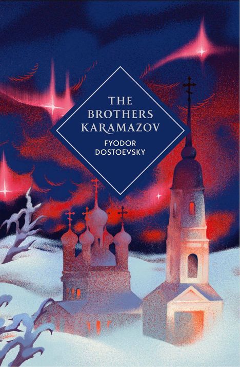 Text: "THE BROTHERS KARAMAZOV FYODOR DOSTOEVSKY." Illustration: Russische Kirche in Winterlandschaft, rote und blaue Farbtöne.