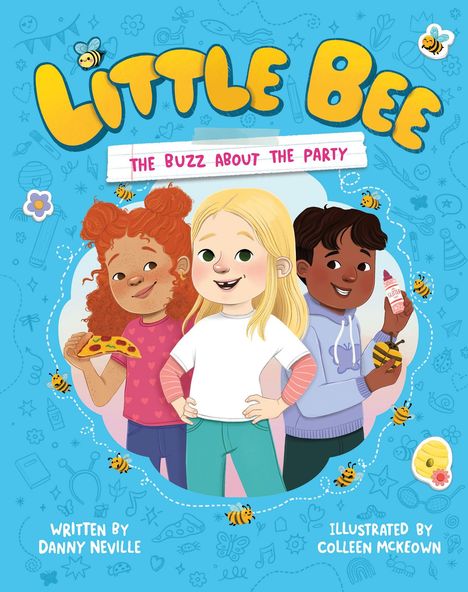"Little Bee", "The Buzz About the Party", fröhliche Kinder, Pizza, Eiswaffel, blaue, illustrativ gestaltete Hintergrund mit Bienen.