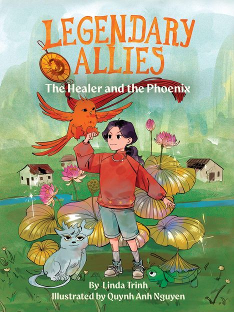 "Legendary Allies: The Healer and the Phoenix". Ein Kind mit einem Vogel auf dem Arm, eine Fantasie-Landschaft mit Blumen.