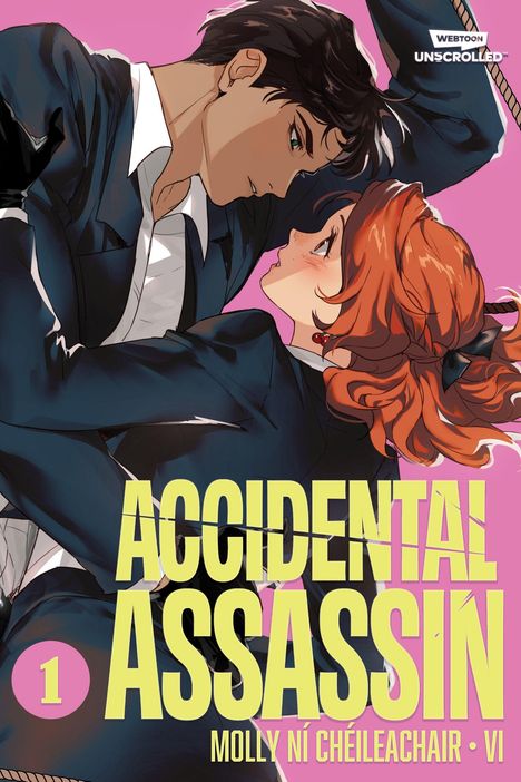 "ACCIDENTAL ASSASSIN" in gelber Schrift. Zeichnung eines Mannes und einer Frau in Anzügen mit rosa Hintergrund.