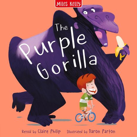 "The Purple Gorilla" in weißer Schrift, oben ein rotes Logo. Ein lila Gorilla mit Banane, ein Junge mit Fahrrad darunter.