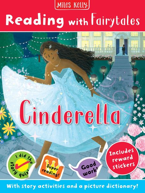 "Cinderella." Bunte Illustration eines Mädchens im Ballkleid vor einem Schloss, umgeben von Blumen und Lichtern.
