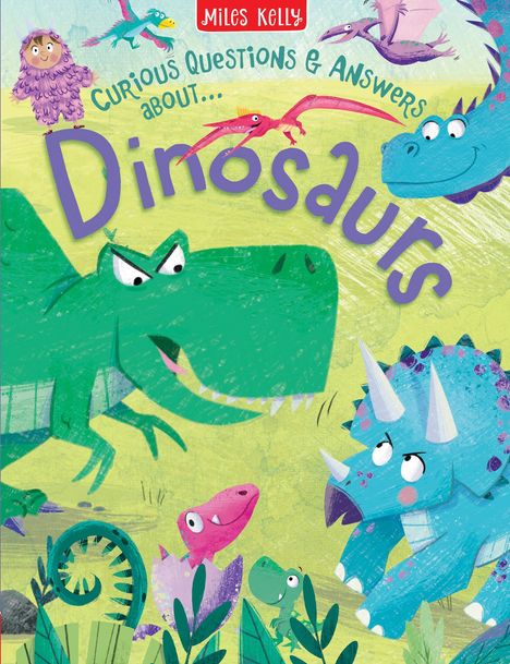 "Curious Questions & Answers about... Dinosaurs." Bunte Illustration mit fröhlichen Dinosauriern in grüner Landschaft.