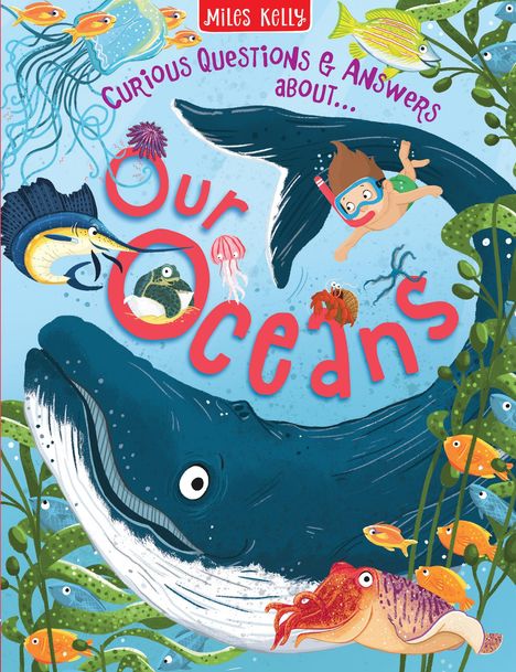 Illustration mit Text: "Curious Questions & Answers about Our Oceans." Kind schnorchelt neben Meerestieren, u.a. Wal und Fische.