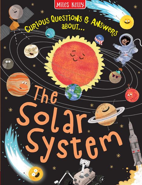 "Curious Questions & Answers about The Solar System." Illustration von Planeten mit Gesichtern und einem Astronauten.