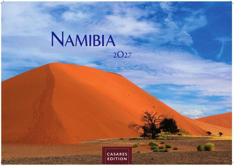Text: "NAMIBIA 2027" und "CASARES EDITION". Eine beeindruckende orangefarbene Sanddüne unter blauem Himmel.