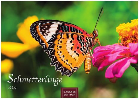 „Schmetterlinge 2027“, „CASARES EDITION“. Ein bunter Schmetterling sitzt auf einer pinken Blume vor grünem Hintergrund.
