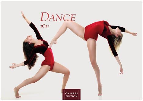 "DANCE 2027, CASARES EDITION." Zwei Tänzerinnen in roten Trikots posieren kraftvoll und elegant.