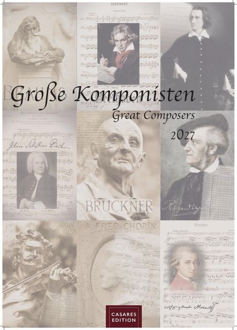 Collage von Komponisten mit Texten: "Große Komponisten", "Great Composers", "2027". Enthält Noten und Porträts.