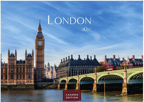Text: London 2027, Casares Edition. Ansicht von Big Ben und Westminster Bridge unter blauem Himmel.