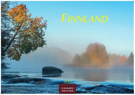 Text: "FINNLAND", "2027", "CASARES EDITION". Fluss im Vordergrund, bunte Herbstbäume, leichter Nebel, blauer Himmel.