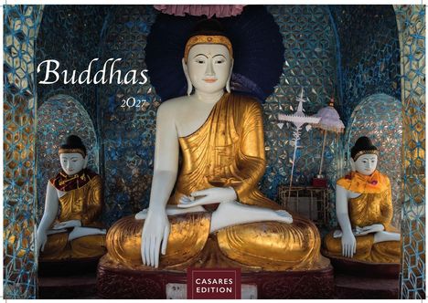 Texte: "Buddhas 2027", "CASARES EDITION". Drei Buddha-Statuen in meditativer Haltung, mit goldenen Roben, vor blauer Mosaikwand.